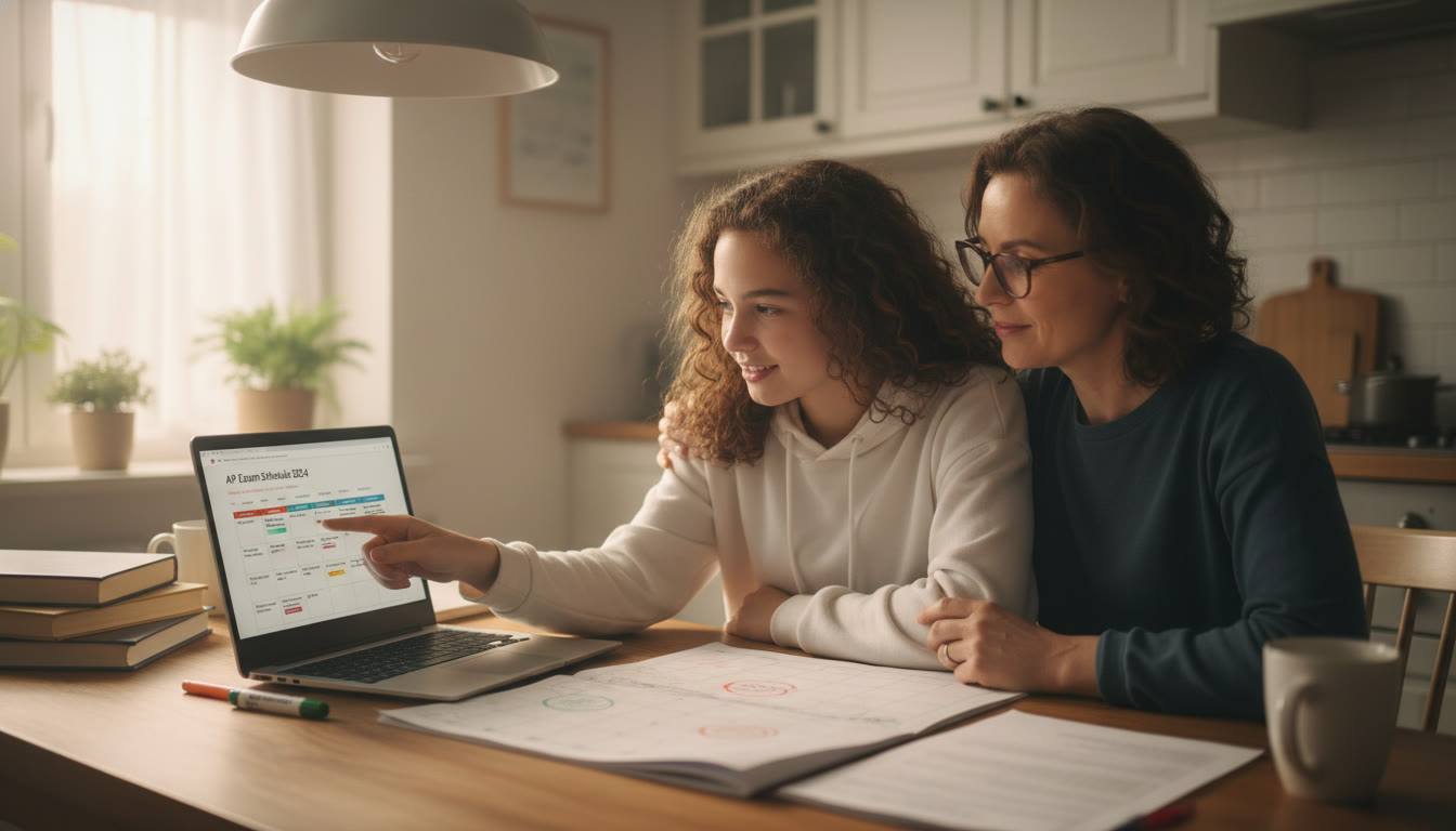 Photo Idea : A calm kitchen table scene with a parent and teen reviewing a paper calendar and a laptop showing AP exam dates — warm lighting, relaxed body language to show problem solving together.