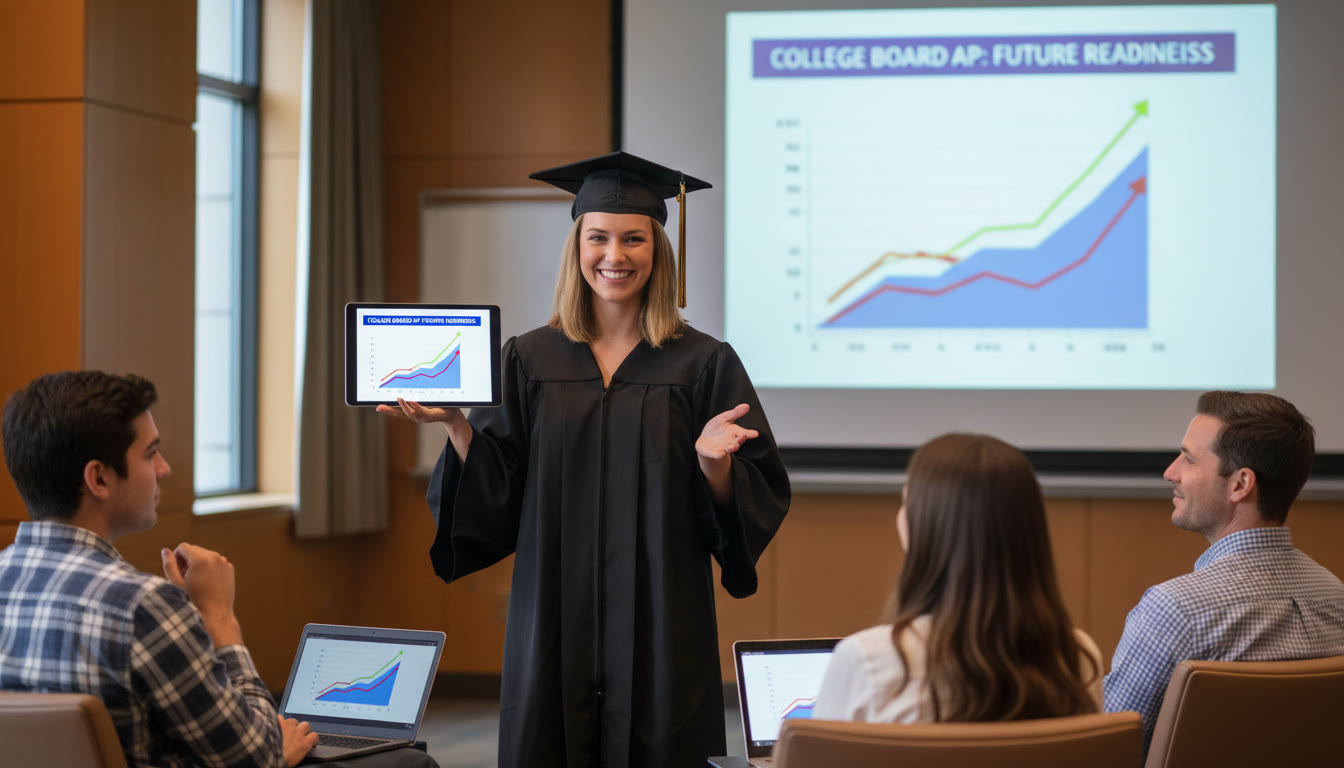 Photo Idea : A confident student in capstone presentation mode — standing in front of a small group delivering a pitch or data presentation on a tablet, symbolizing the payoff of focused AP preparation and college opportunity.