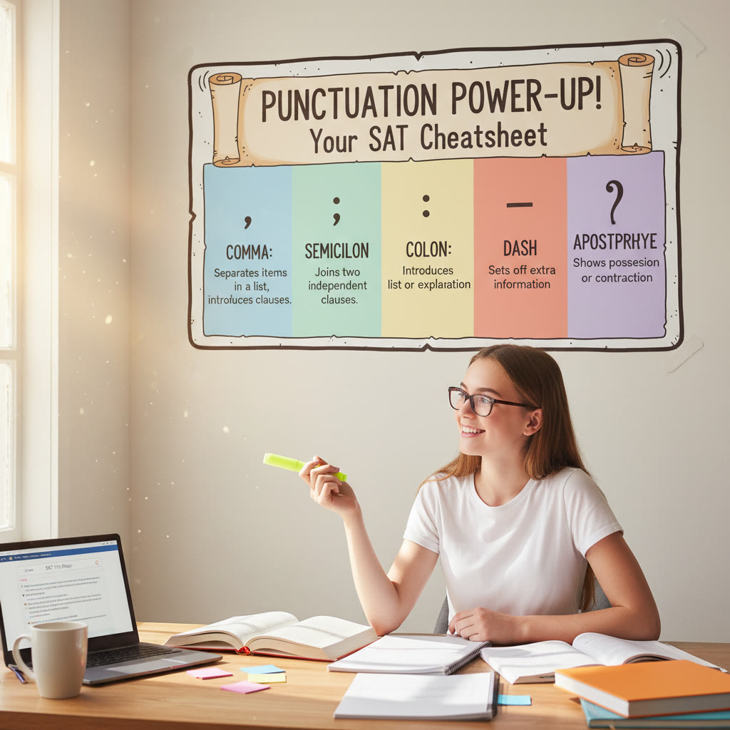 Infographic idea: a compact punctuation cheat-sheet showing comma, semicolon, colon, dash, and apostrophe with brief usage tips