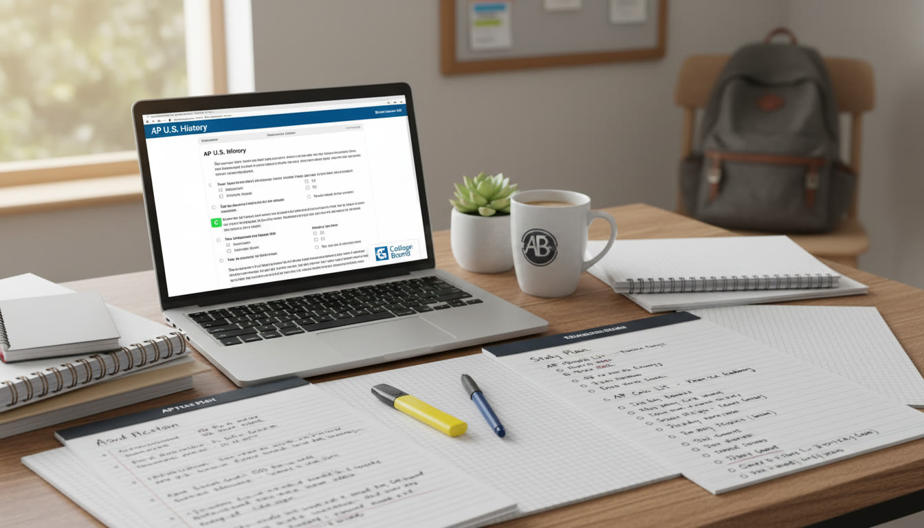 Photo Idea : Close-up of a student’s desk with AP notes, a laptop showing practice test questions, and a handwritten study plan — intimate, focused scene to accompany the practical planning sections.