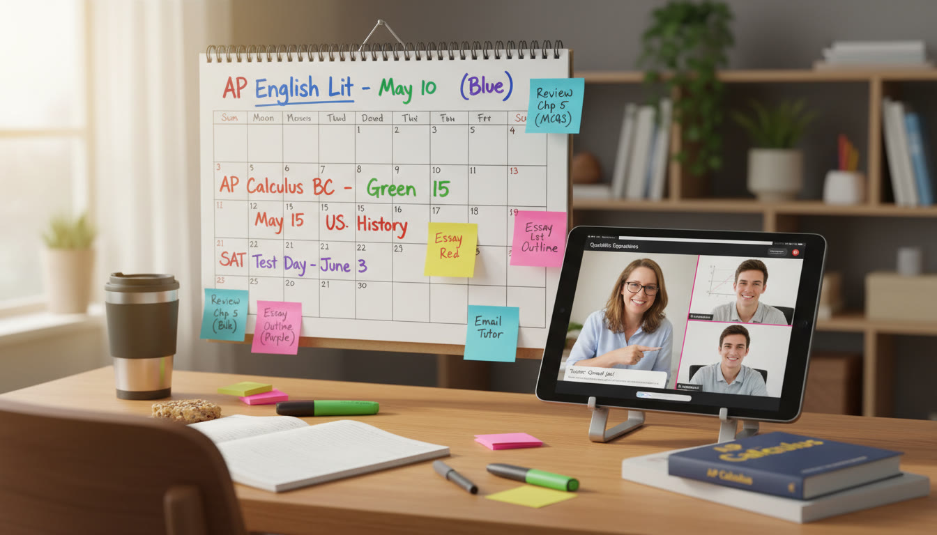 Photo Idea : A curated desk scene showing an organized study plan: a color-coded calendar marking AP exam dates and SAT test day, sticky notes with action items, and a tablet displaying a personalized tutoring session in progress.