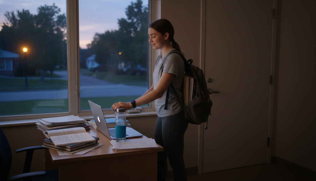 Photo Idea : Evening study-wrap scene: a student closing a laptop, grabbing a water bottle, and heading out for a neighborhood jog—books in a backpack, soft twilight, calm expression suggesting relief and readiness.