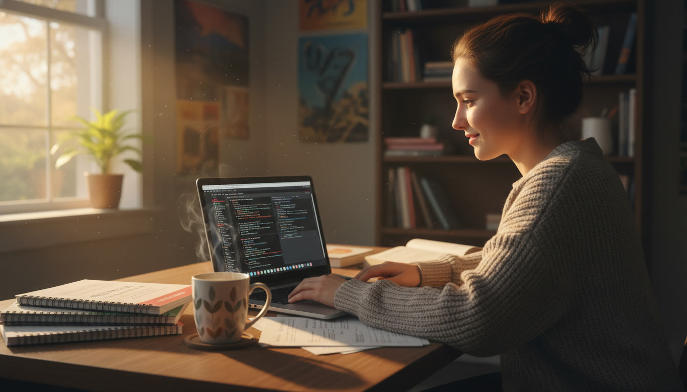 Photo Idea : A calm, focused image of a student at a desk late afternoon with AP notebooks, a laptop showing code or equations, and a mug of tea — conveying steady study and concentrated preparation.