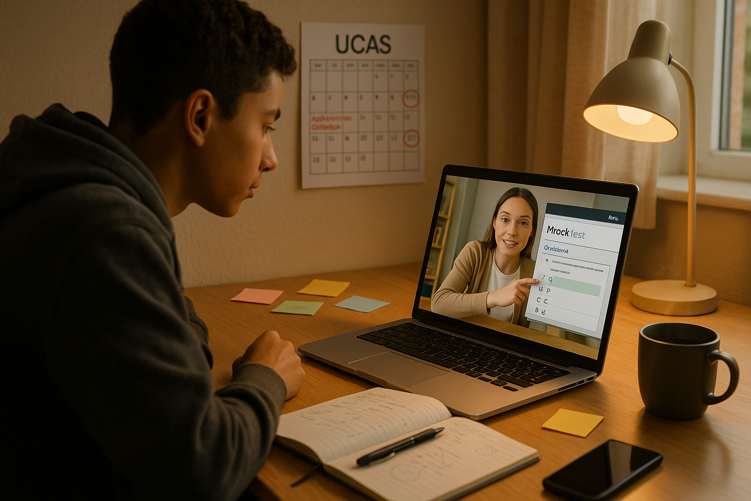 Photo Idea : A cozy scene of a student and tutor online, with the tutor pointing at a digital mock test on screen; visible notes, a calendar with UCAS dates marked.