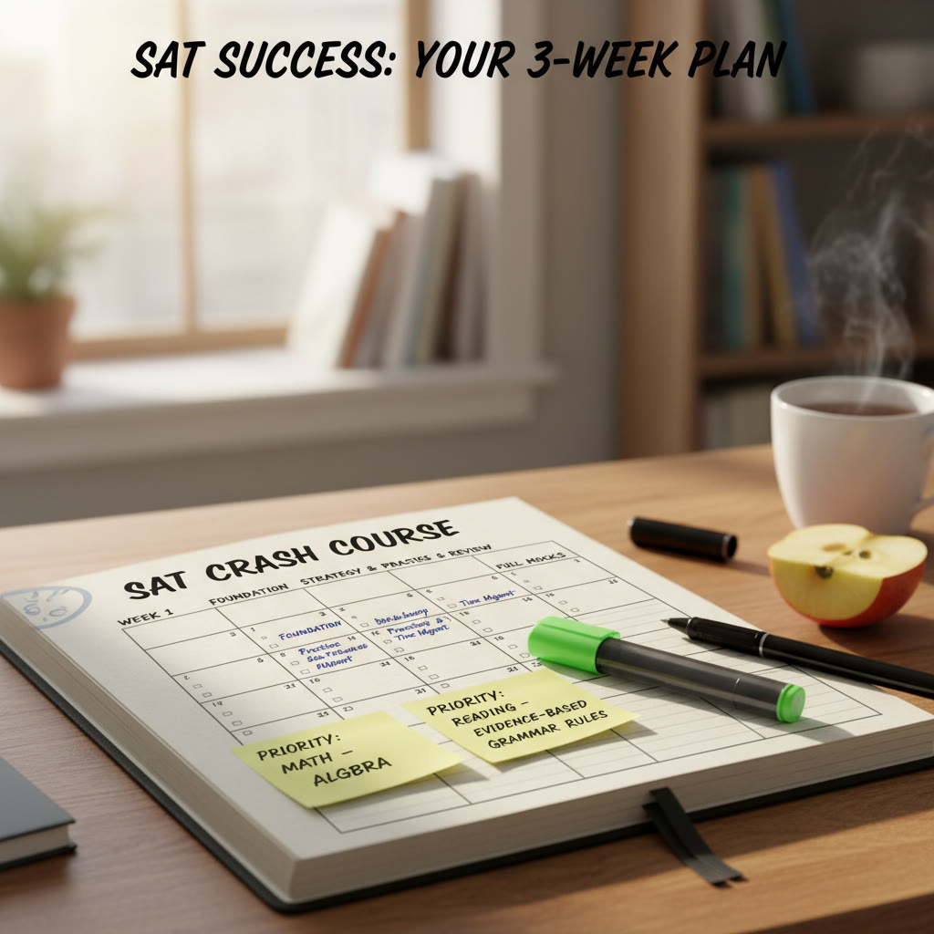 Close-up of a study planner with a three-week calendar, post-it notes for priorities, and a highlighter—visualize the crash-plan structure and focused tasks.