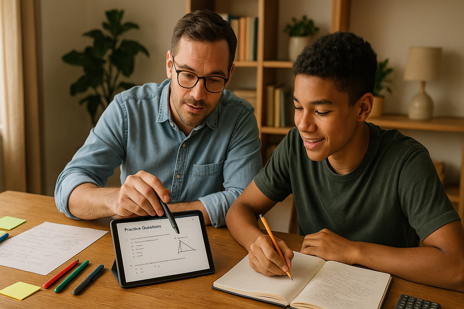 Photo Idea : A tutor and student working together at a desk with notes and a tablet showing practice questions—conveys focused, personalized tutoring session.