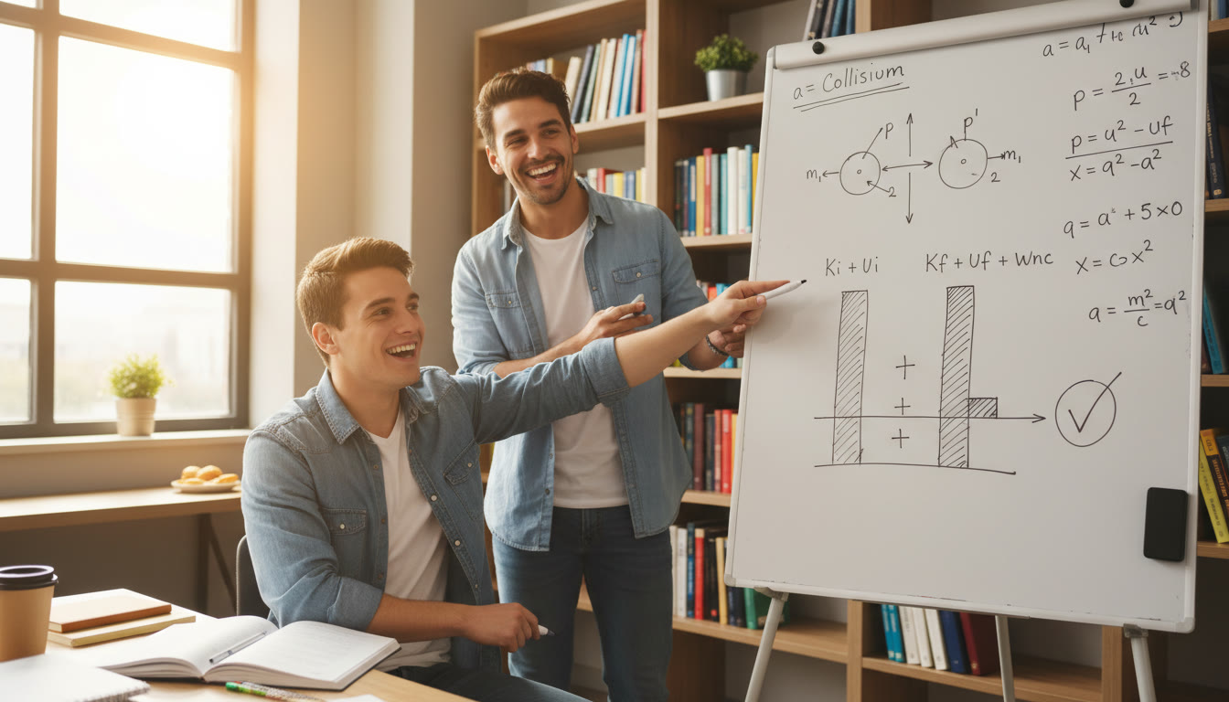 Photo Idea : A whiteboard session with a tutor and a student diagramming a collision. The board shows momentum vectors and an energy bar diagram — image should convey collaboration and 'aha' moments.