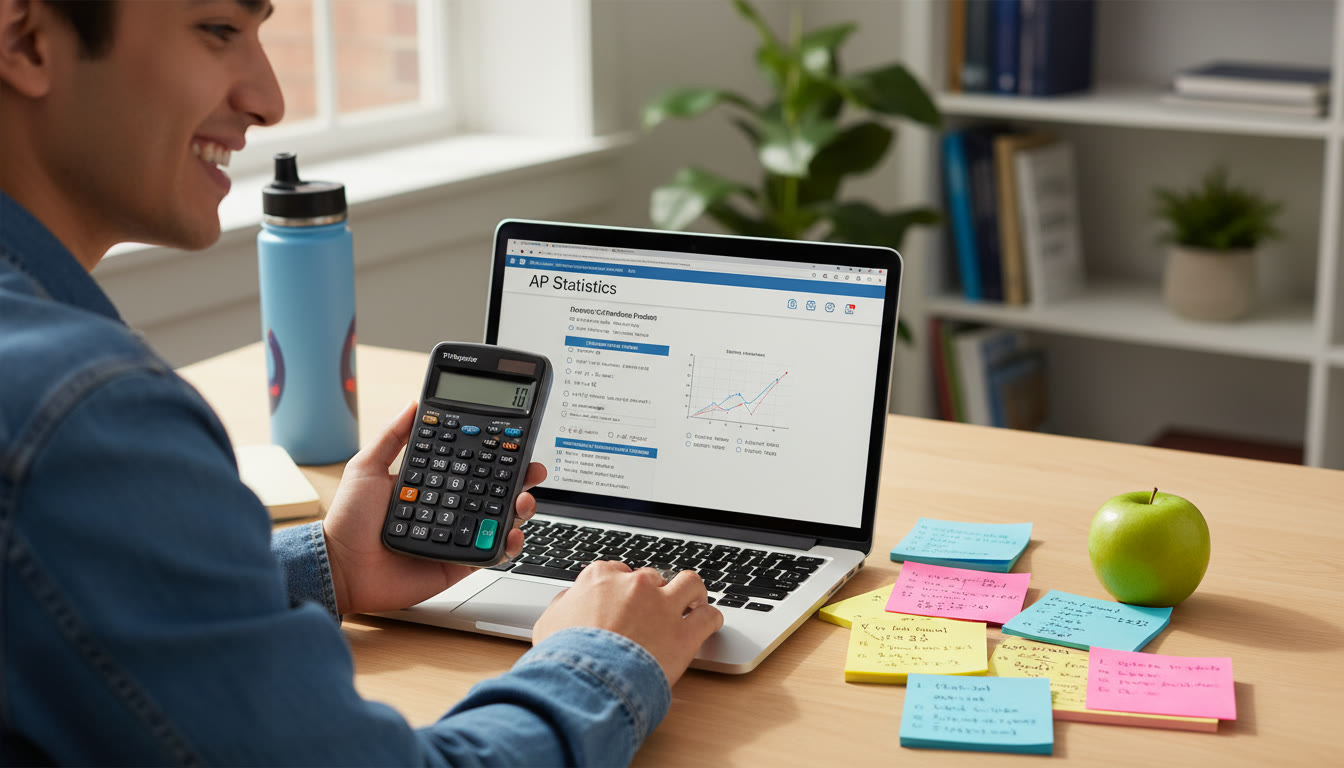 Photo Idea : A student at a desk with colorful notes laid out, a calculator in hand, and a laptop open to a practice AP Stats problemโbright, focused, and approachable. Place near the top to set a relatable tone.