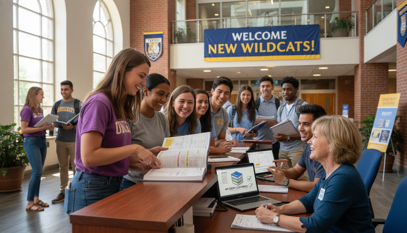 Photo Idea : A college orientation scene with diverse students consulting a course catalogue and a registrar desk — suggests the practical moment when AP credits and placements are confirmed.