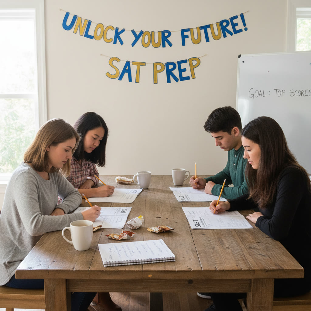 Students at a kitchen table using pencils and paper for a practice SAT, with a notebook showing a study schedule