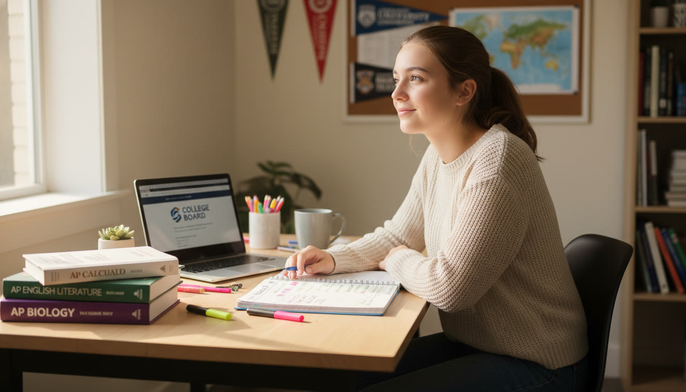 Photo Idea : A bright, natural photo of a high school student at a desk with AP textbooks, a laptop, and a planner — looking thoughtful and mapping out college plans. Place near the top of the blog to set a studious, hopeful tone.