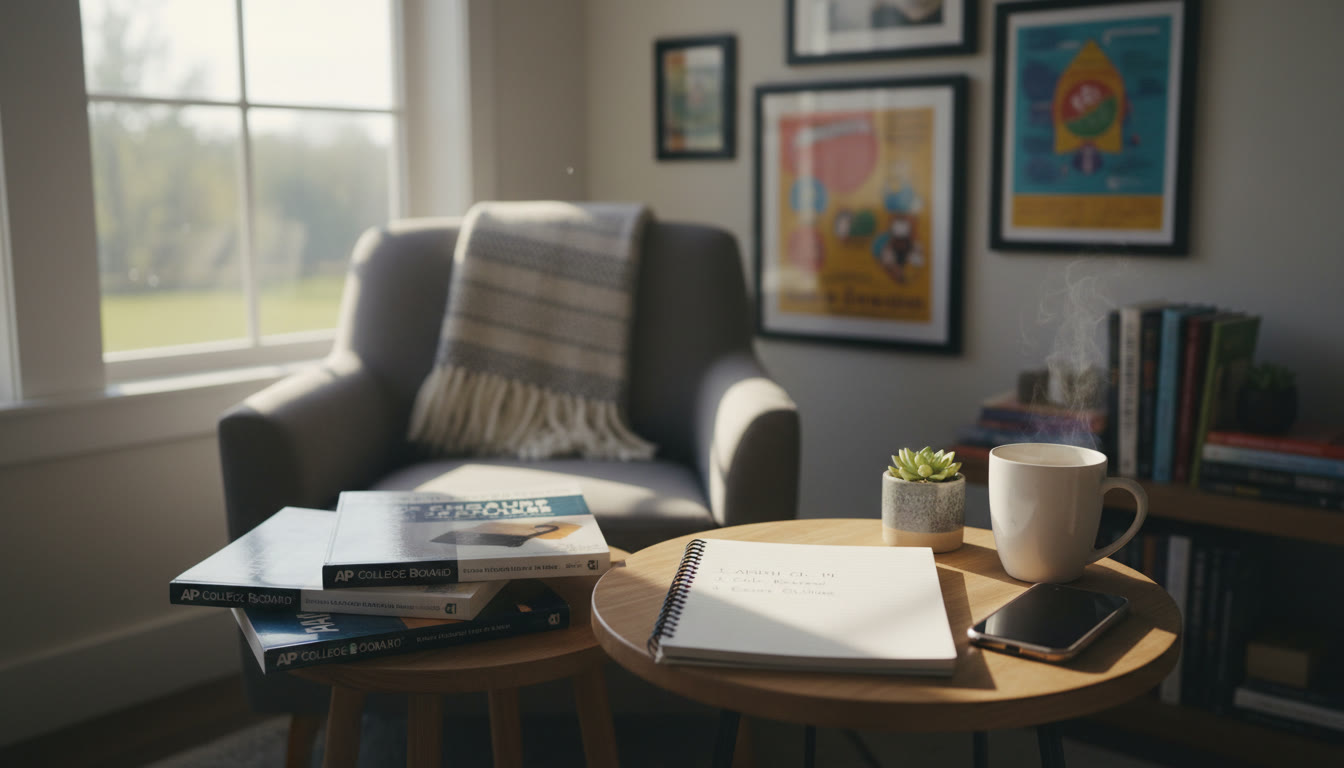 Photo Idea : A quiet study nook in natural light with open AP prep books, a notebook with a short to-do list, and a phone face down — conveys calm, focus, and realistic study intentions. Place near the top of the article to set a restorative tone.