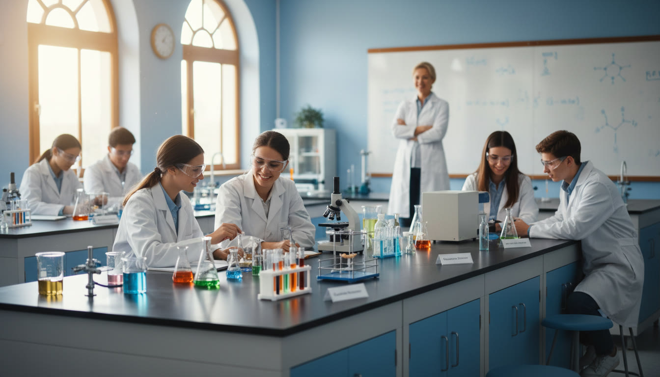 Photo Idea : A bright, well-organized high school science lab bench with labeled stations, students collaborating calmly, and a teacher observing—captures the ordered energy of a successful lab week.