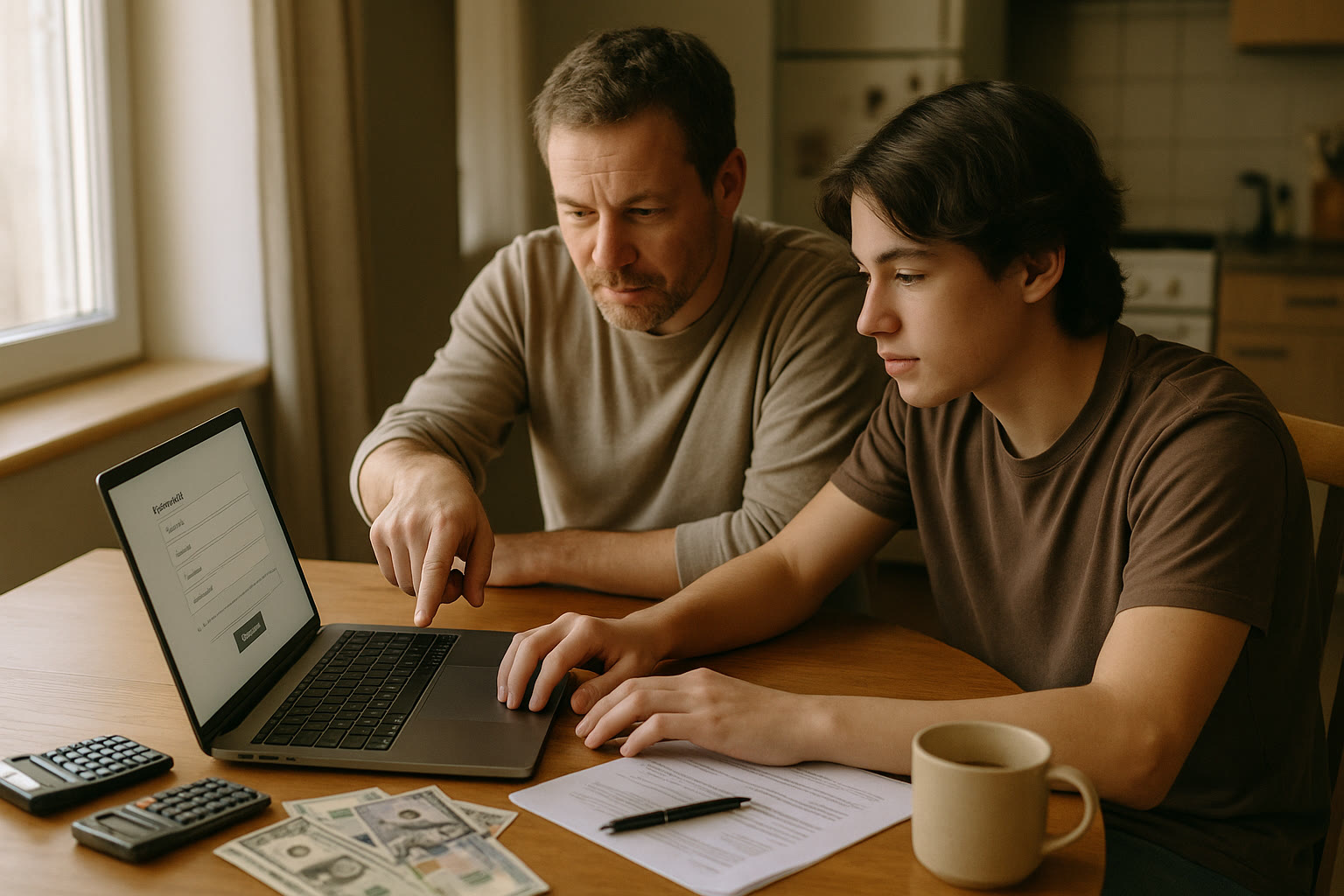 Photo Idea : A focused, candid photo of a parent and teen at a kitchen table, laptop open to a registration page, calculators and currency exchange notes nearby — symbolizing practical planning.