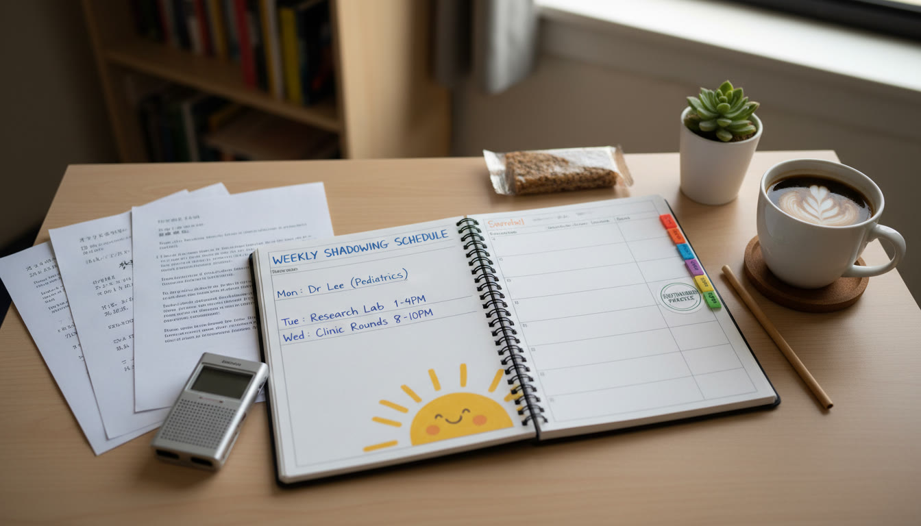 Photo Idea : A study planner flatlay showing a weekly shadowing schedule, printed scripts in multiple languages, a recorder, and a coffee cup to convey sustainable daily practice and organization.