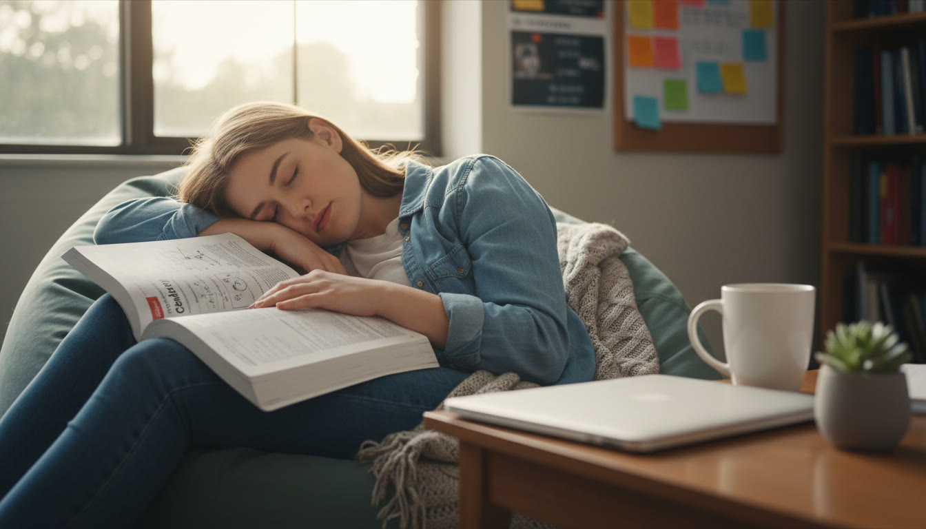 Photo Idea : A calm scene of a student sleeping peacefully with an open textbook and a closed laptop nearby — emphasizing rest as part of preparation.