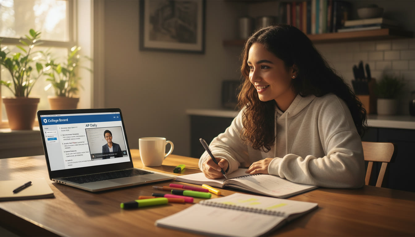 Photo Idea : A focused student at a kitchen table, laptop open to Bluebook on one side and an AP Daily video on the other, notes and highlighters spread around; warm morning light and a calming home-study vibe.