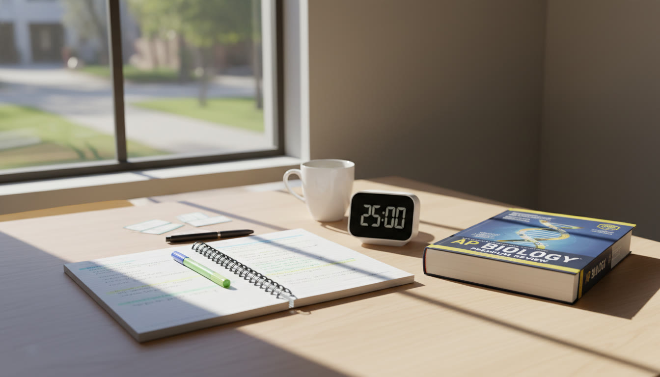Photo Idea : A sunlit desk with a notebook open, a timer, and an AP review book—conveys calm, intentional study.