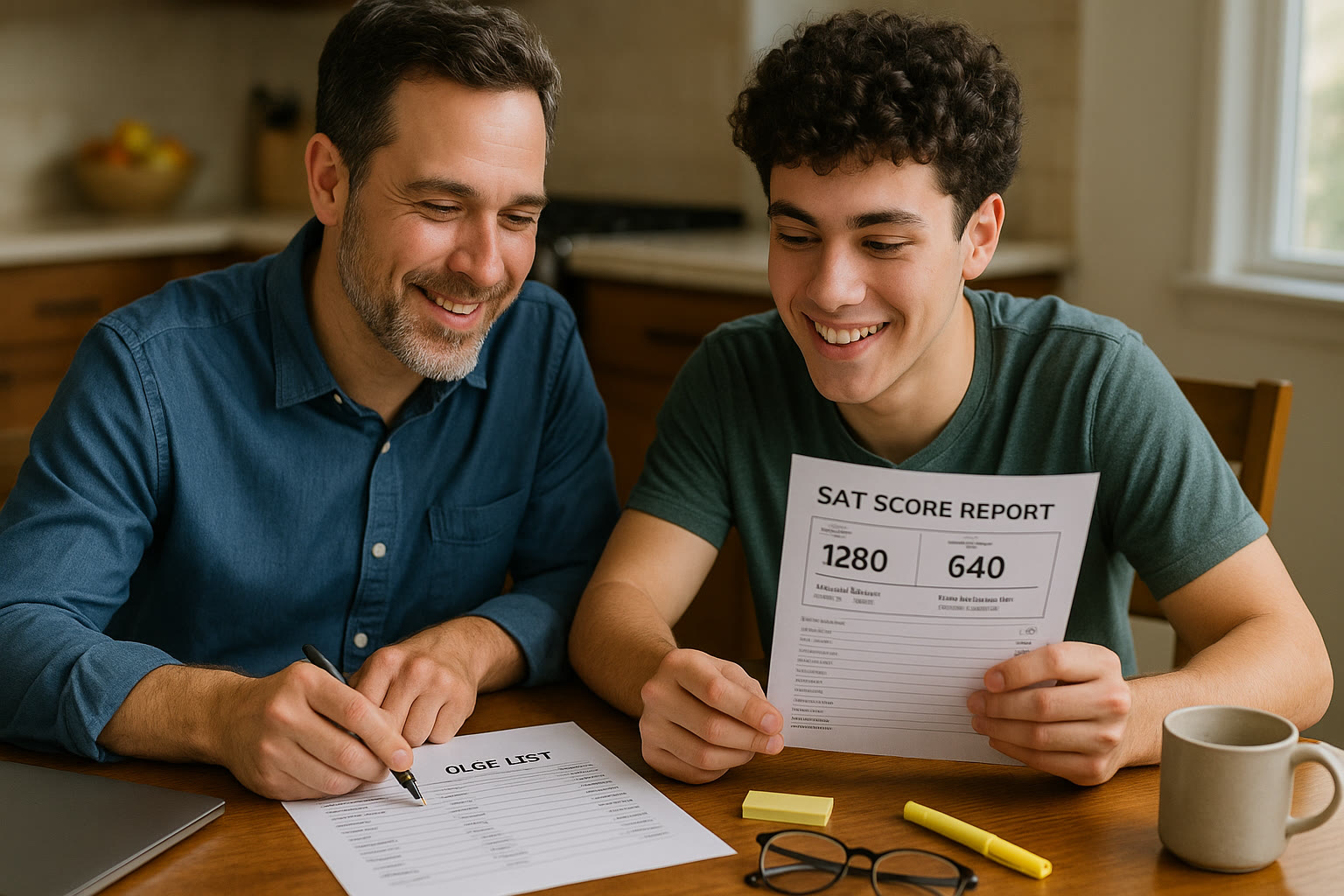 Photo Idea : A parent and student reviewing a printed college list and SAT score report together at a kitchen table, smiling and planning next steps—captures supportive, collaborative planning.