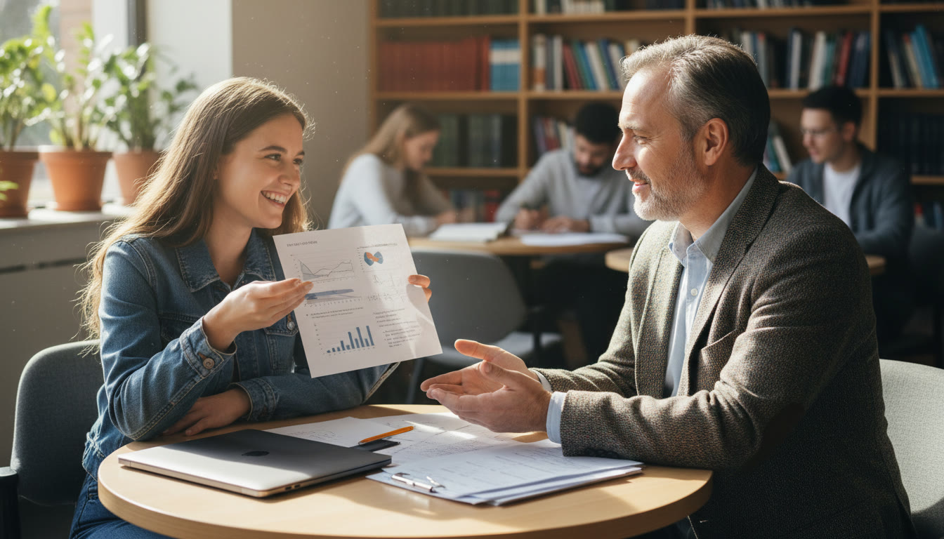 Photo Idea : A student presenting a one-page project summary to an advisor at a small table, with a laptop and printed notes. Natural light, focused expressions — conveys partnership and a professional but approachable environment.