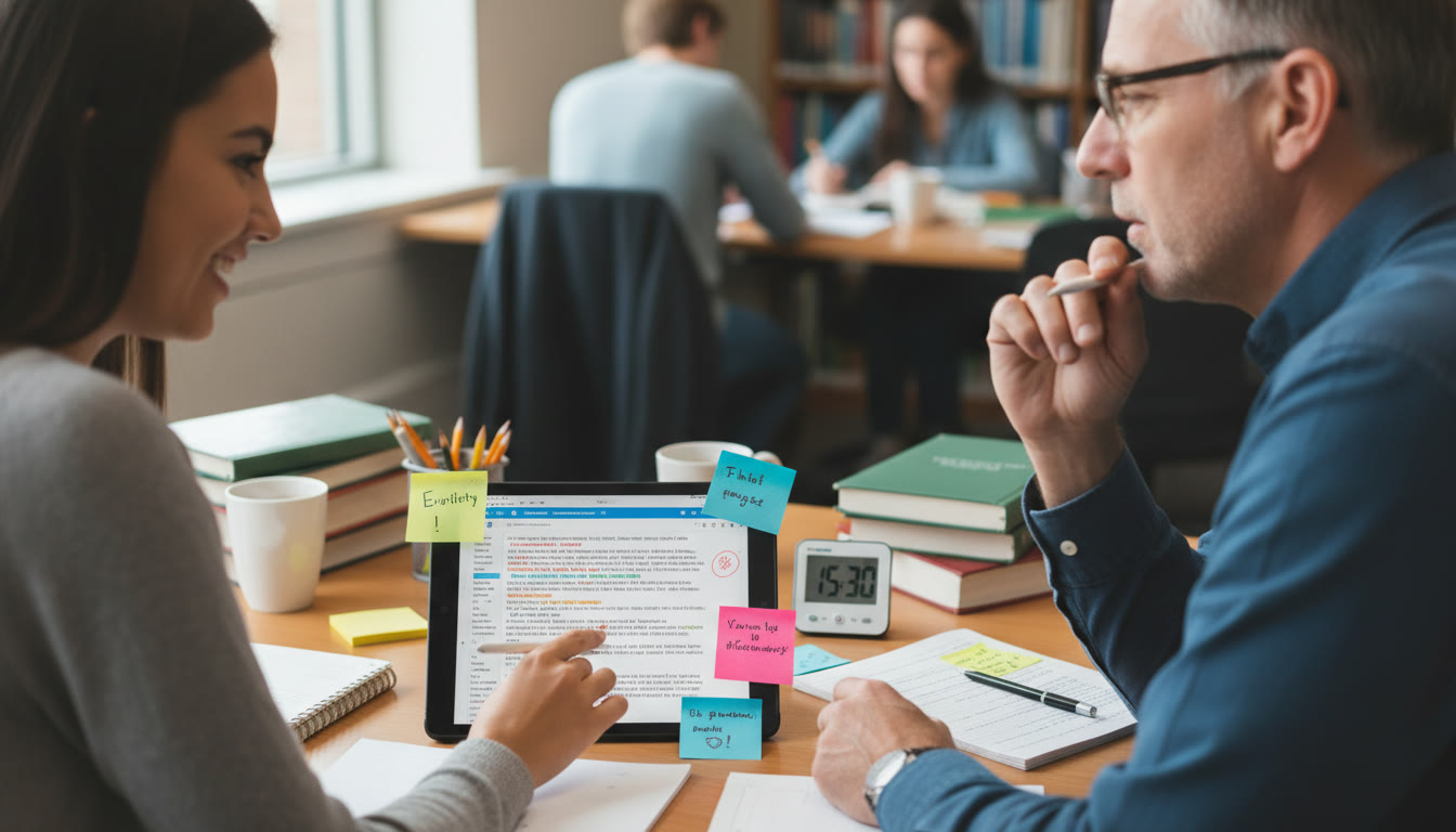 Photo Idea : A student and tutor (over-the-shoulder perspective) reviewing a marked passage on a tablet with sticky notes and a timer visible; natural interaction, collaborative energy.