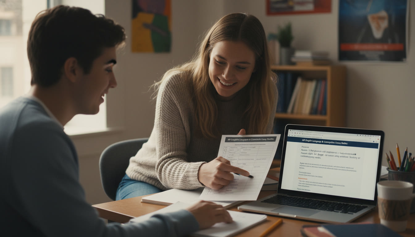Photo Idea : A small study session with a tutor and a student reviewing a practice AP essay. Include a laptop showing a practice prompt and a tutor pointing to a checklist; emphasize targeted help and the calm return-to-focus after a blank.