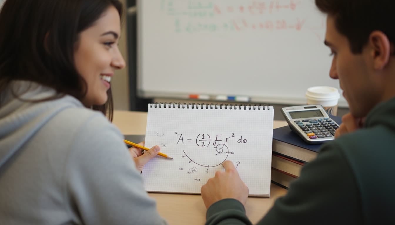 Photo Idea : A close-up over-the-shoulder shot of a student annotating a polar graph drawn on graph paper, with the integral A = (1/2) ∫ r^2 dθ written prominently and a calculator beside the notebook. The peer-review vibe should emphasize clarity and step-by-step thinking.