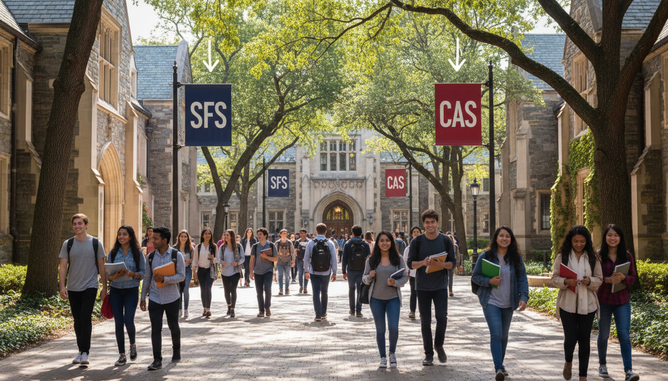 Photo Idea : A lively campus shot showing students walking between Gothic buildings on a sunny day, with a small overlay suggestion pointing to two banners: 