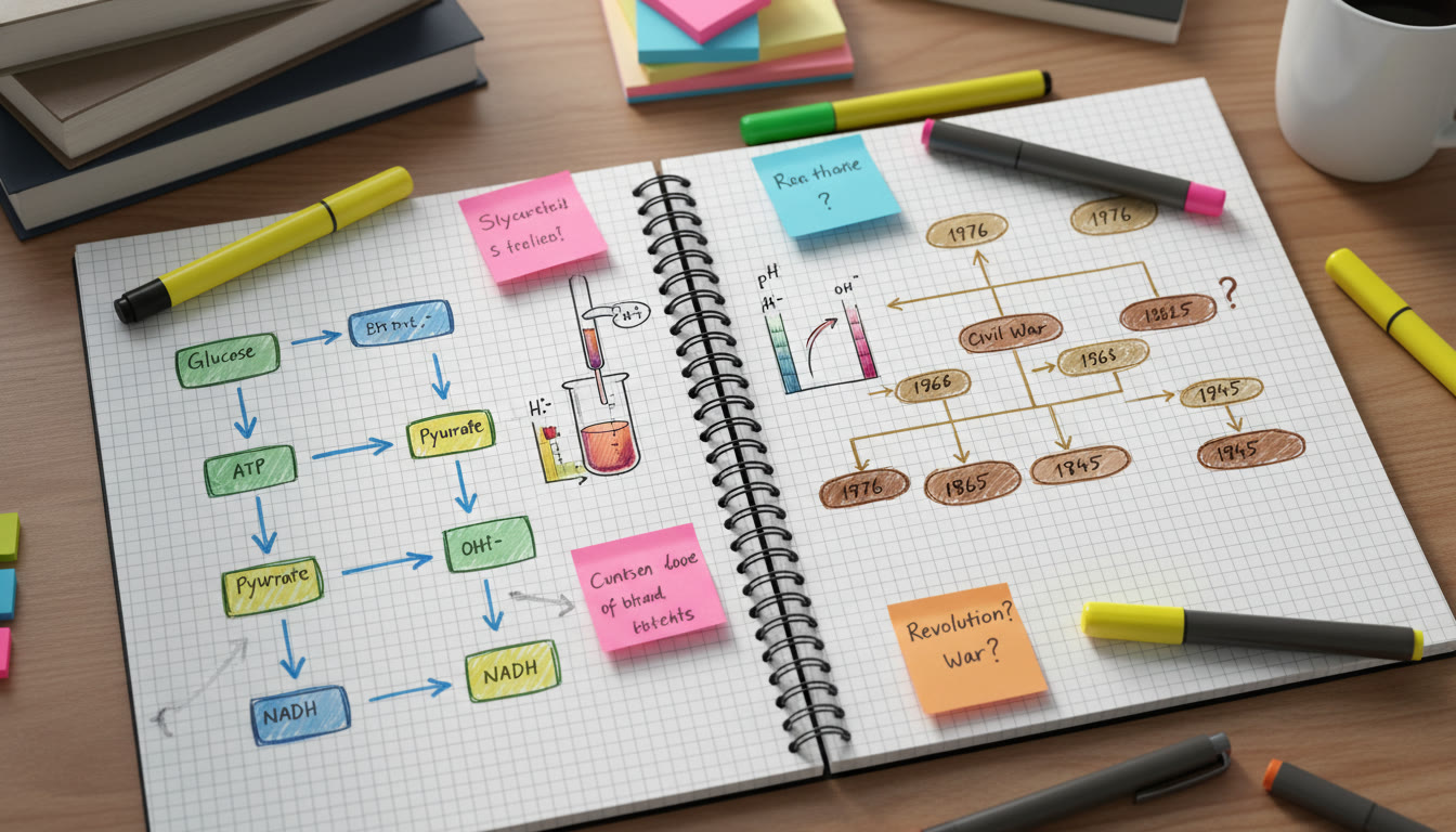 Photo Idea : A top-down shot of a notebook page with colorful hand-drawn flowcharts for glycolysis (Bio), an acid-base titration (Chem), and a timeline decision tree (History) laid out side by side, sticky notes and highlighters scattered around.