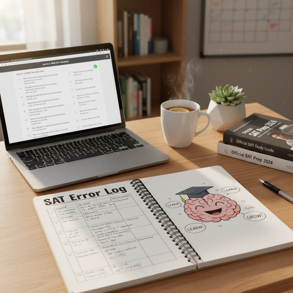 Photo idea: A tidy study desk with a notebook open to an error log, a laptop showing a practice test, and a cup of tea. Description: 