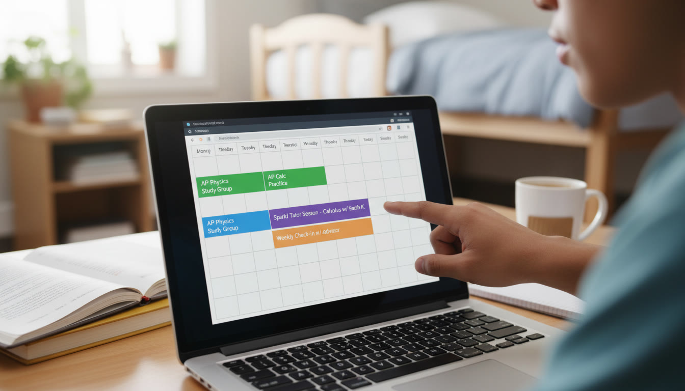 Photo Idea : Close-up of a shared digital calendar on a laptop screen showing study blocks, tutoring session, and a weekly check-in reminder — with a hand pointing at a booked Sparkl tutor slot to emphasize planning and partnership.