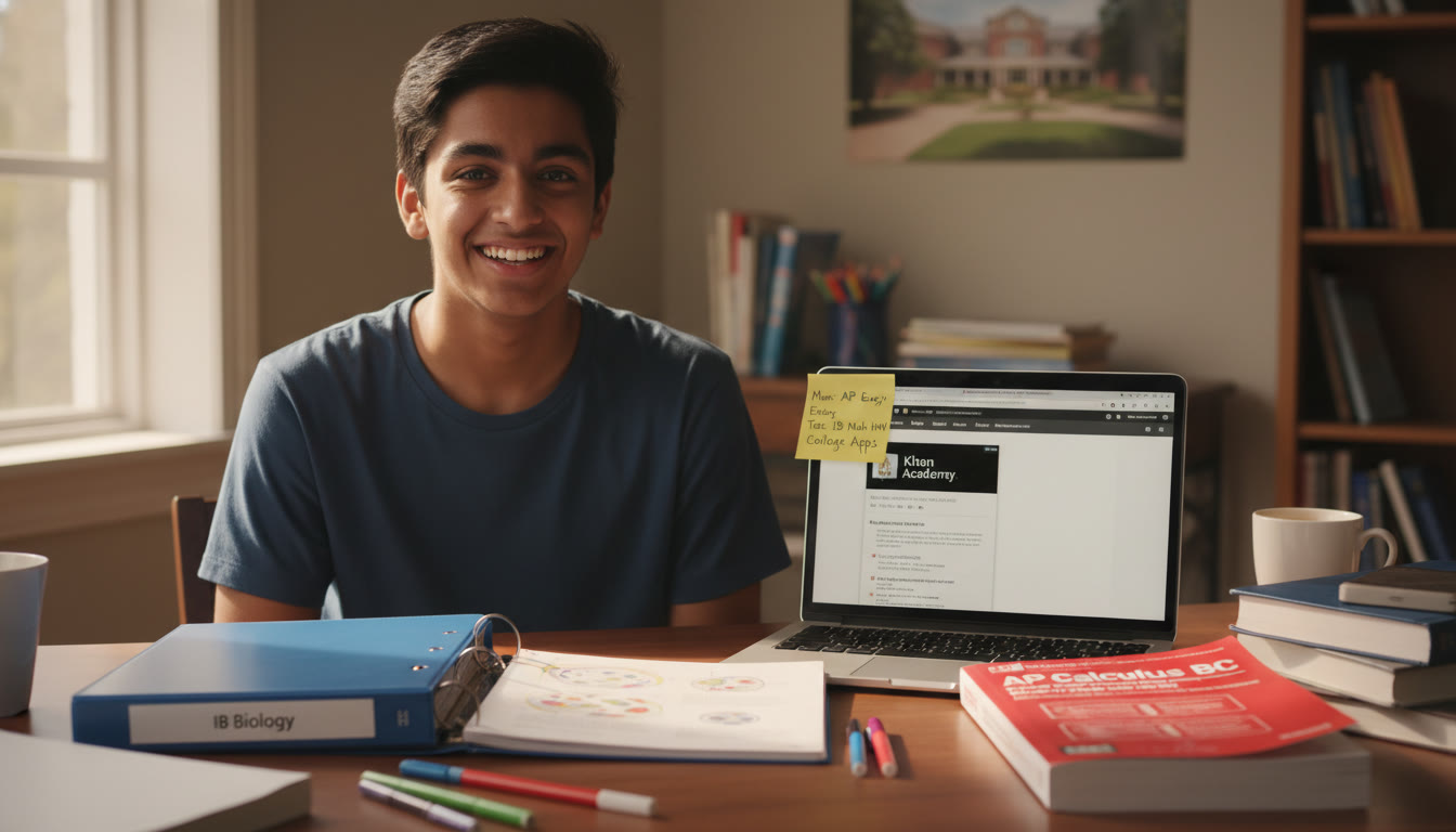 Photo Idea : A warm, candid photo of a high school student at a desk with textbooks from two different curricula opened (e.g., an IB binder and an AP prep book), a laptop, and a sticky note schedule — showing the juggling of systems in a single frame.