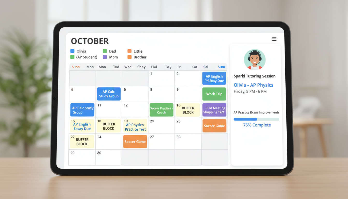 Photo Idea : A screenshot-style mockup of a digital family calendar with color-coded entries, buffer blocks highlighted, and a small sidebar showing a scheduled Sparkl tutoring session and a progress bar for practice exam improvements.
