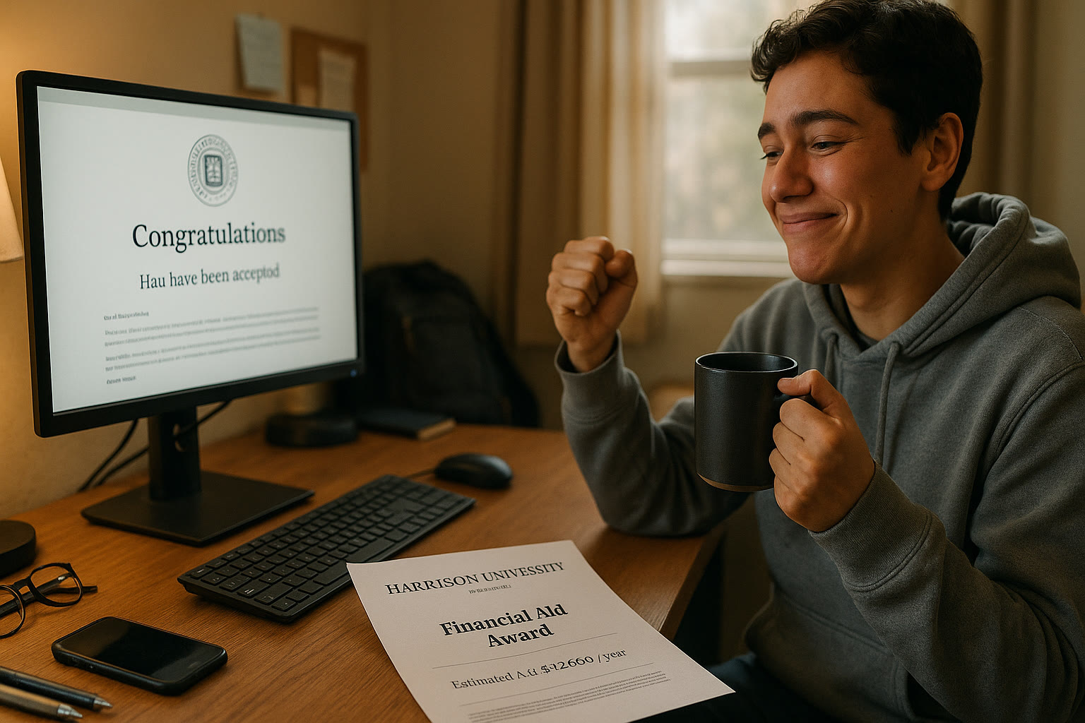 Photo Idea : A desktop scene showing a college acceptance letter on screen, a printed financial aid award, and a relieved student with a small celebratory gesture (a fist pump or raised coffee mug).