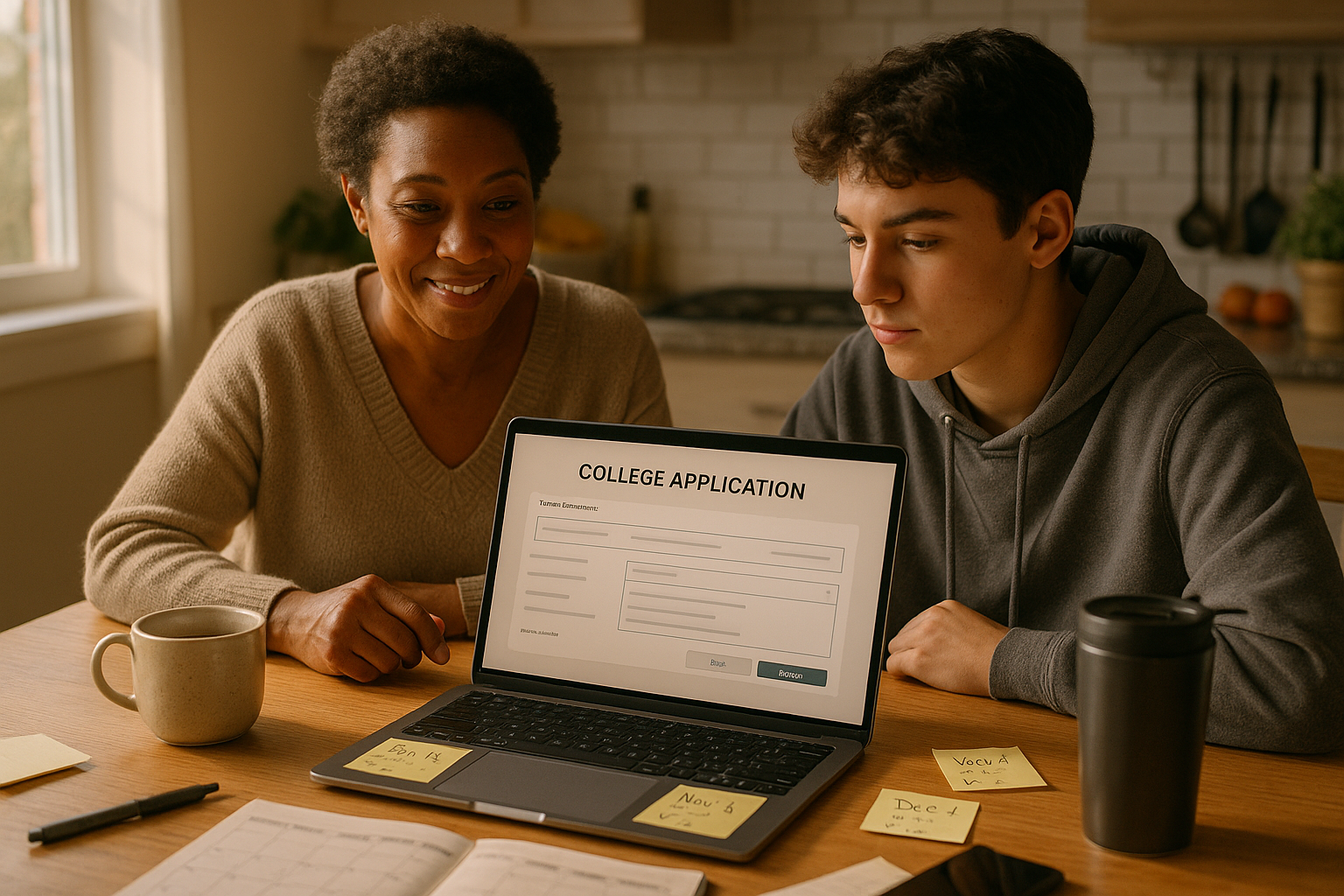 Photo Idea : A warm, candid photo of a parent and teen at a kitchen table, laptop open with a college application portal visible, sticky notes with dates and a mug of coffee — natural light, relaxed atmosphere.