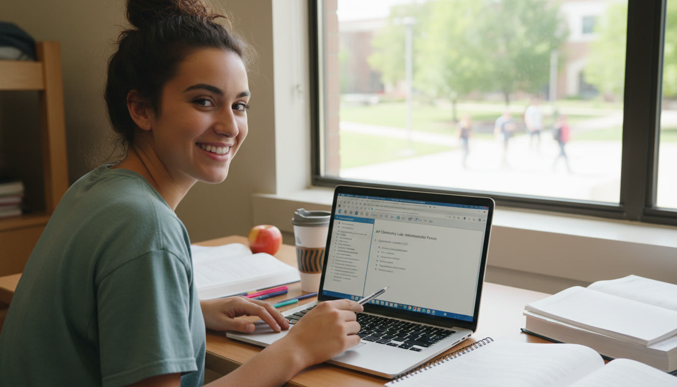 Photo Idea : A study scene with a student working through an AP lab write-up on a laptop, with a checklist for IV, DV, controls, and errors visible on the screen — to illustrate practice and real-world preparation.
