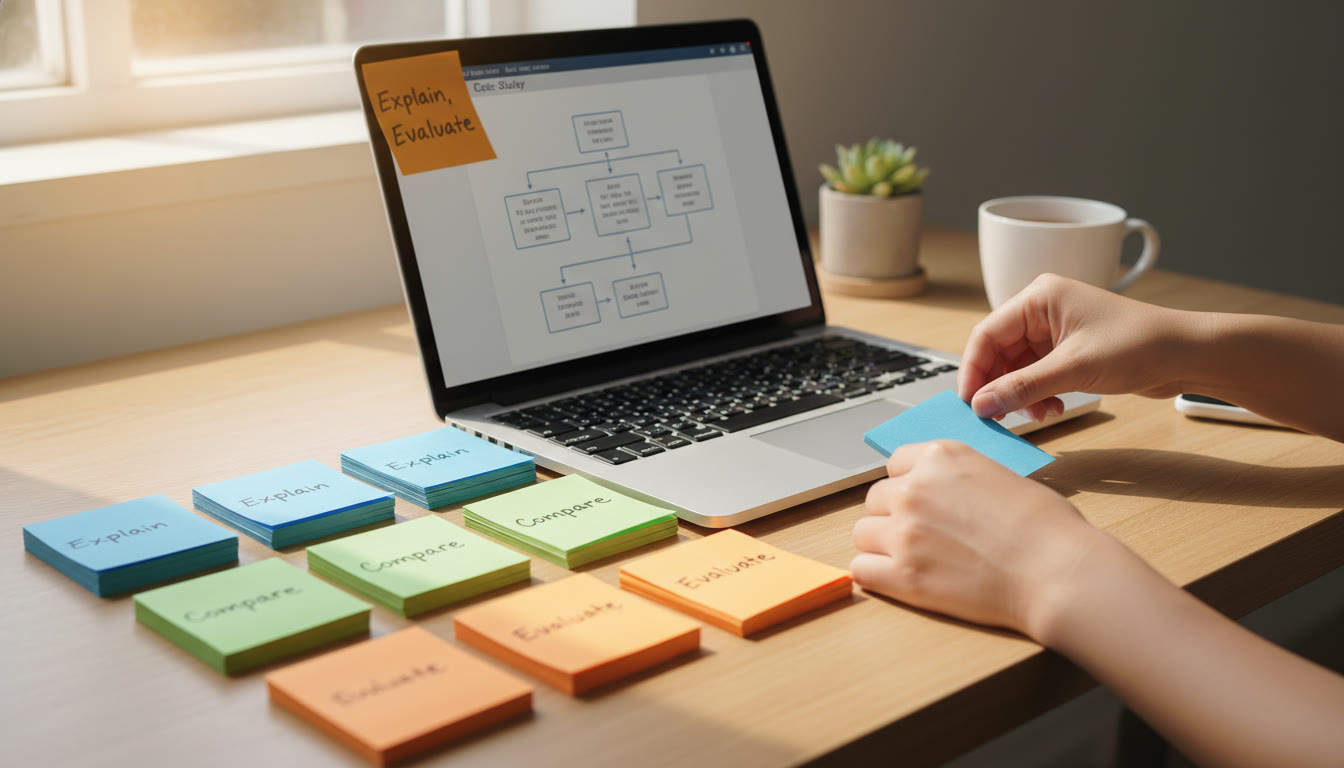 Photo Idea : A tidy study desk with color-coded index cards, a laptop open to a case-study diagram, and a sticky note that reads 