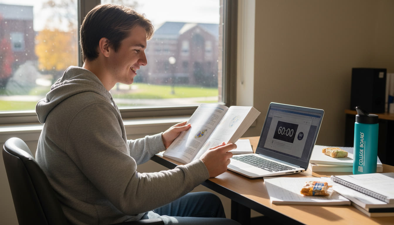 Photo Idea : A student at a desk mid-switch: one hand turning a page in a printed textbook while the other hand rests on a laptop keyboard, with a small label showing “60 min” next to a timer.