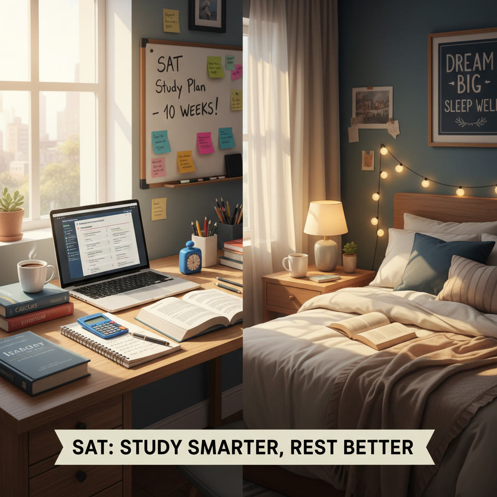 Photo idea: A tidy desktop with study materials in daytime light, and a separate cozy bed area with dim warm light — illustrating distinct study vs. sleep spaces.