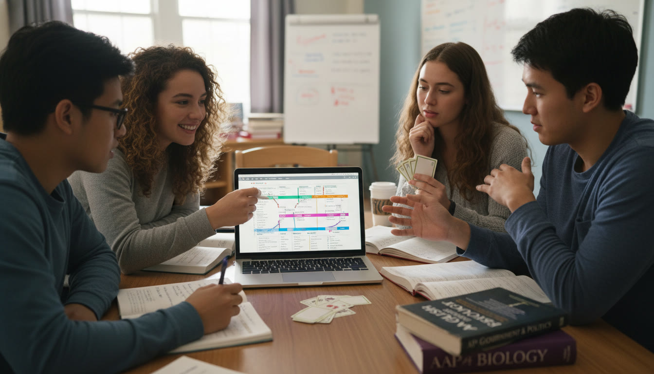 Photo Idea : A small study group around a laptop comparing notes; one student points at a timeline on the screen while another writes a DBQ outline — symbolizing collaborative synthesis of curricula approaches.