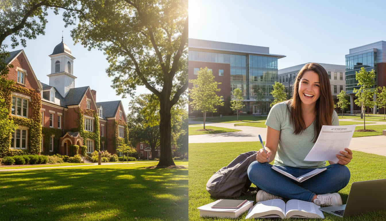 Photo Idea : A sunny college quad split by a subtle vertical line — left side shows Oxford College’s historic brick buildings, right side shows Emory’s modern campus — with a student holding an AP score report in the foreground, smiling and writing notes. This visual introduces the comparison concept.