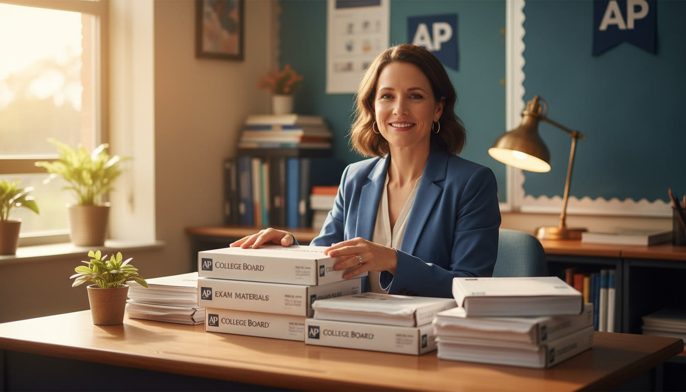 Photo Idea : A calming image of a coordinator at a school desk reviewing a stack of AP exam materials with a friendly expression — conveys competence and partnership.