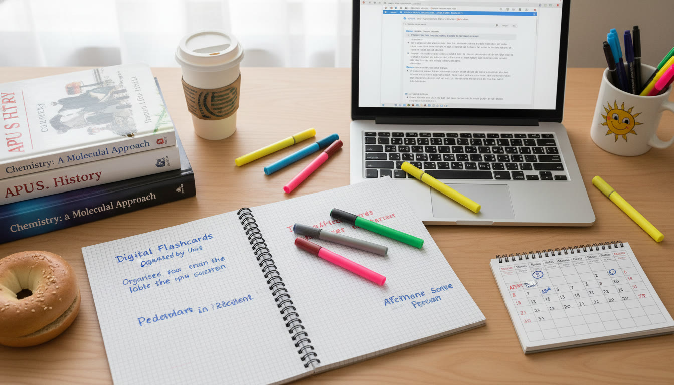 Photo Idea : Overhead shot of a student desk with an open spiral notebook, a laptop displaying typed notes, highlighters, and a pocket calendar. This image should appear early to visually represent the choice between methods.