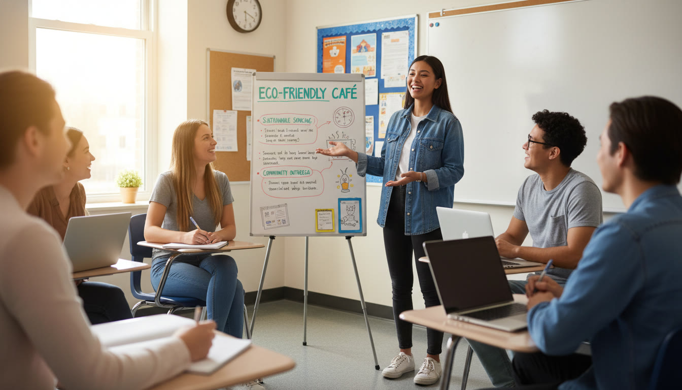 Photo Idea : A bright classroom scene with a student presenting a small business plan on a poster to peers — captures leadership and applied learning.