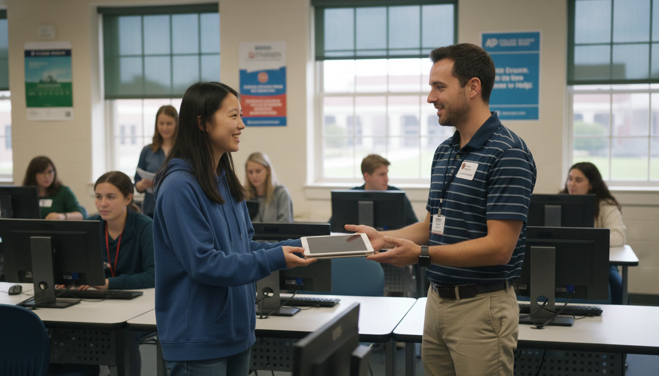 Photo Idea : A student calmly handing their device to a technology monitor at school, illustrating the collaborative support available on exam day.