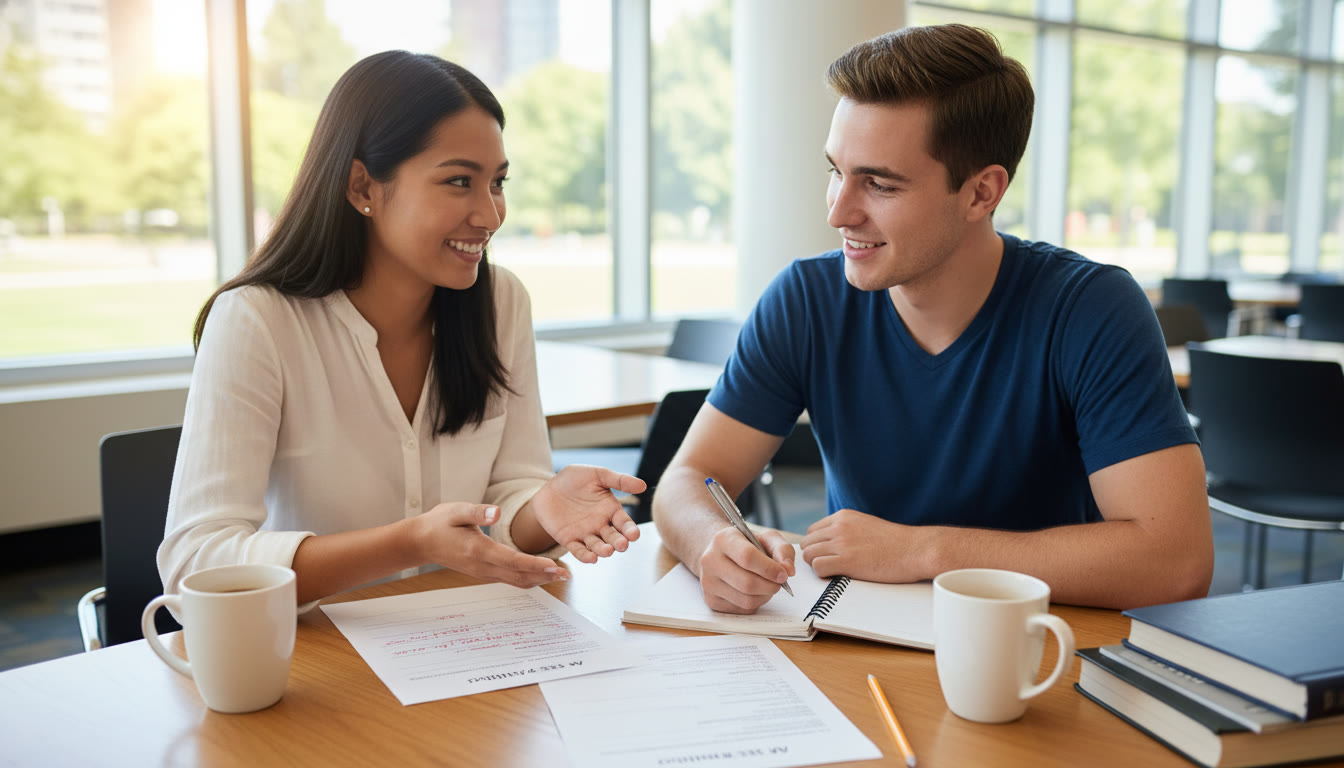 Photo Idea : A tutor and student reviewing a graded AP practice essay together at a table, tutor pointing to the rubric while the student takes notes; natural, collaborative vibe.