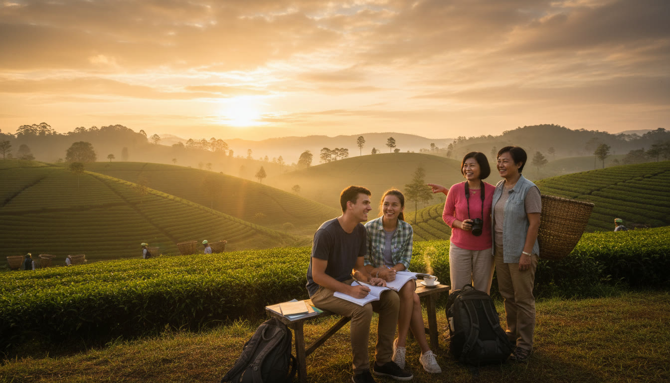 Photo Idea : A family at dawn on a Sri Lankan tea estate, students doing a short study session with notebooks beside them—conveys balance between travel and study life.
