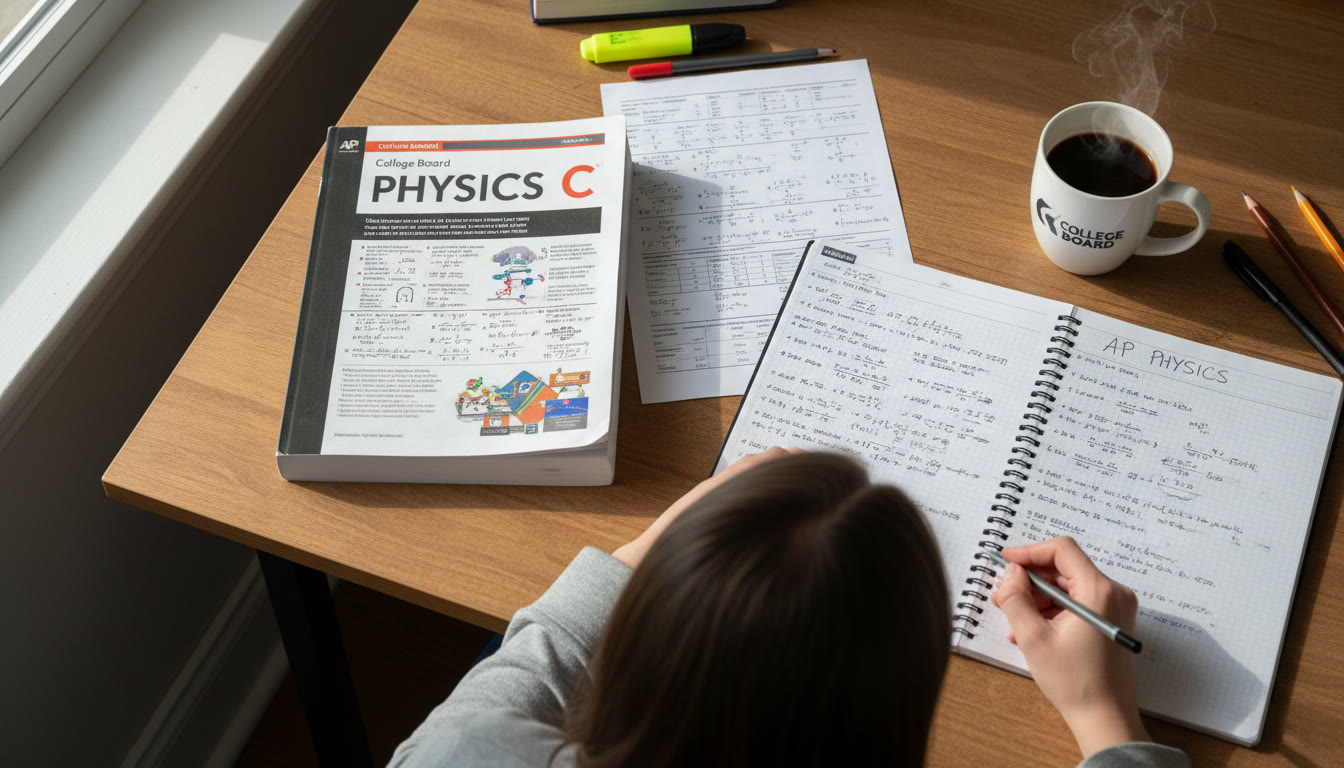Photo Idea : A high-angle shot of a student’s desk with a textbook, a printed physics formula sheet, a notebook filled with worked problems, and a cup of coffee — evoking focused, calm study.