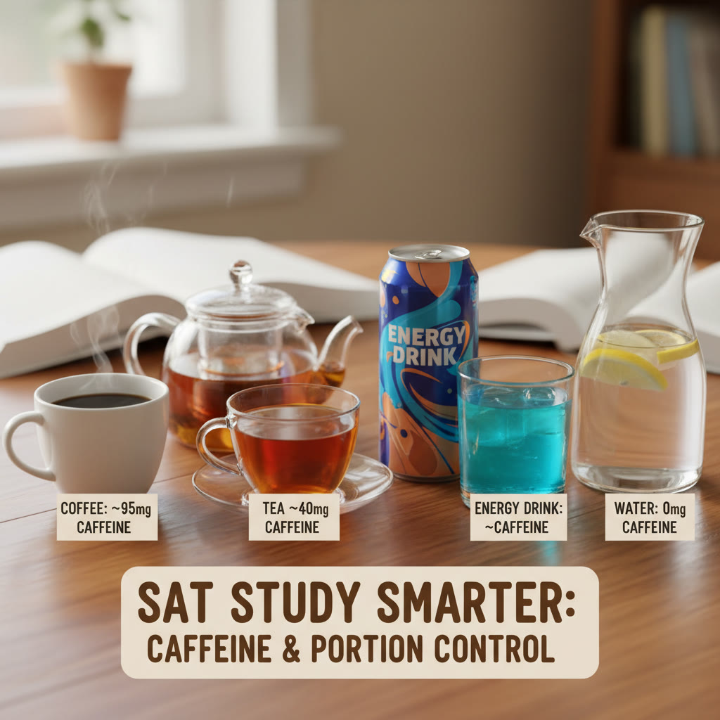Photo idea: Close-up comparison of beverages on a table (coffee, tea, energy drink, water) with small labels showing approximate caffeine amounts — visual guide to portion control.