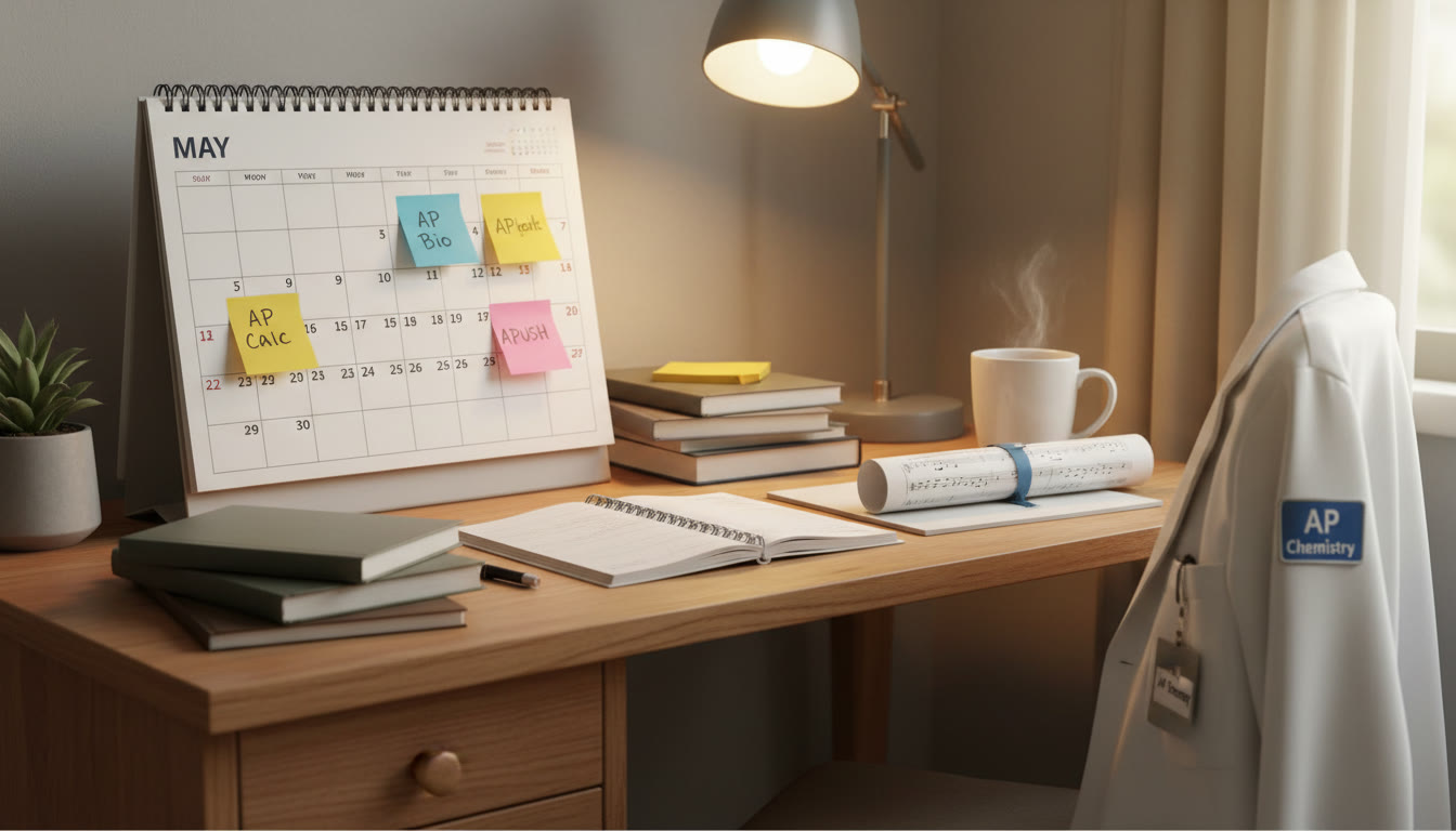 Photo Idea : A calm study corner with a calendar open to May, colored sticky notes marking AP exam dates and a nearby lab coat or music sheet representing board practicals. This image sits near the top to set the planning mood.